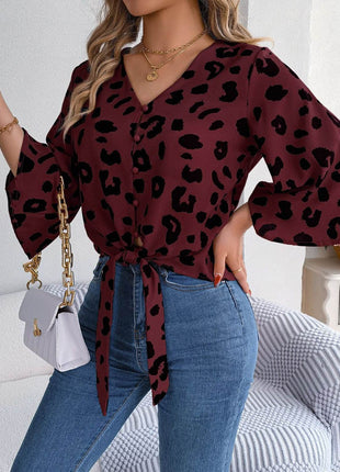 Tied Button Up Leopard V-Neck Blouse - MimiStylez