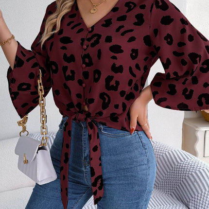 Tied Button Up Leopard V-Neck Blouse - MimiStylez