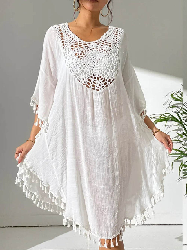 Tassel Cutout Scoop Neck Cover-Up Dress - MimiStylez
