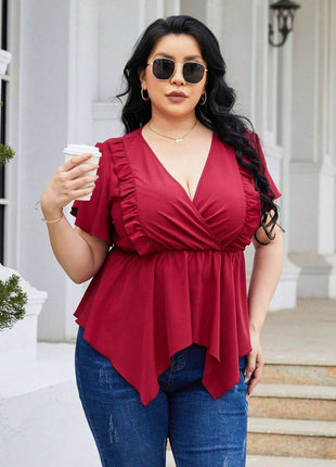 Plus Size Frill Surplice Flutter Sleeve Blouse - MimiStylez