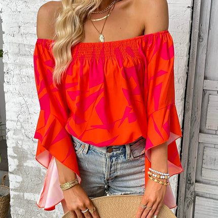 Printed Off-Shoulder Bell Sleeve Blouse - MimiStylez