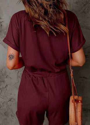 Full Size Drawstring V-Neck Short Sleeve Romper - MimiStylez