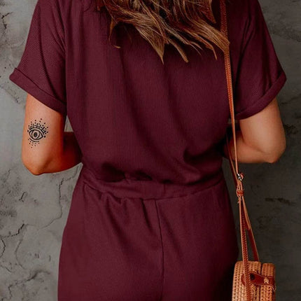 Full Size Drawstring V-Neck Short Sleeve Romper - MimiStylez