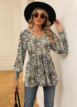 Printed V-Neck Lantern Sleeve Blouse - MimiStylez