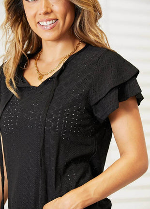 Double Take Eyelet Tie-Neck Flutter Sleeve Blouse - MimiStylez
