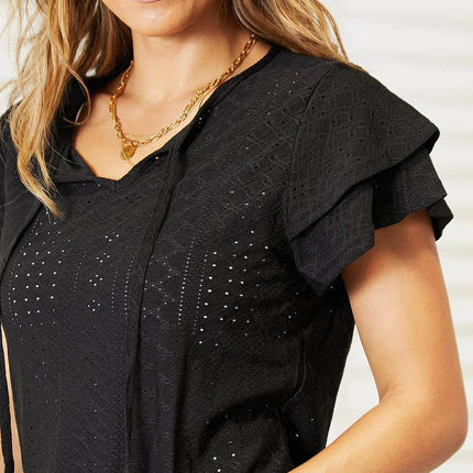 Double Take Eyelet Tie-Neck Flutter Sleeve Blouse - MimiStylez