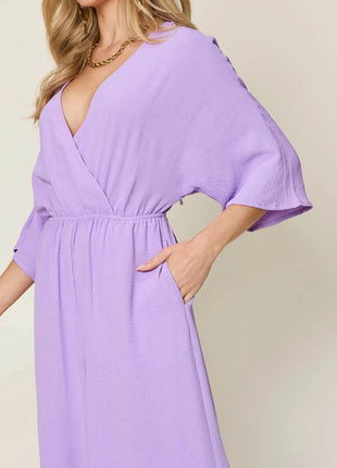 Double Take Full Size Surplice Wide Leg Jumpsuit with Pockets - MimiStylez