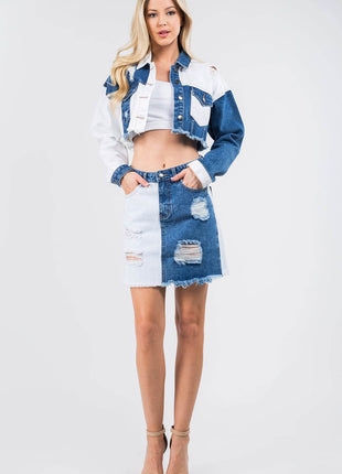 American Bazi Contrast Patched Frayed Denim Distressed Skirts - MimiStylez
