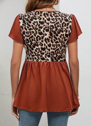 Leopard Round Neck Flutter Sleeve Babydoll Blouse - MimiStylez