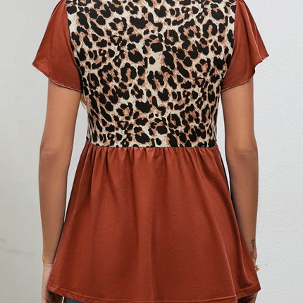 Leopard Round Neck Flutter Sleeve Babydoll Blouse - MimiStylez