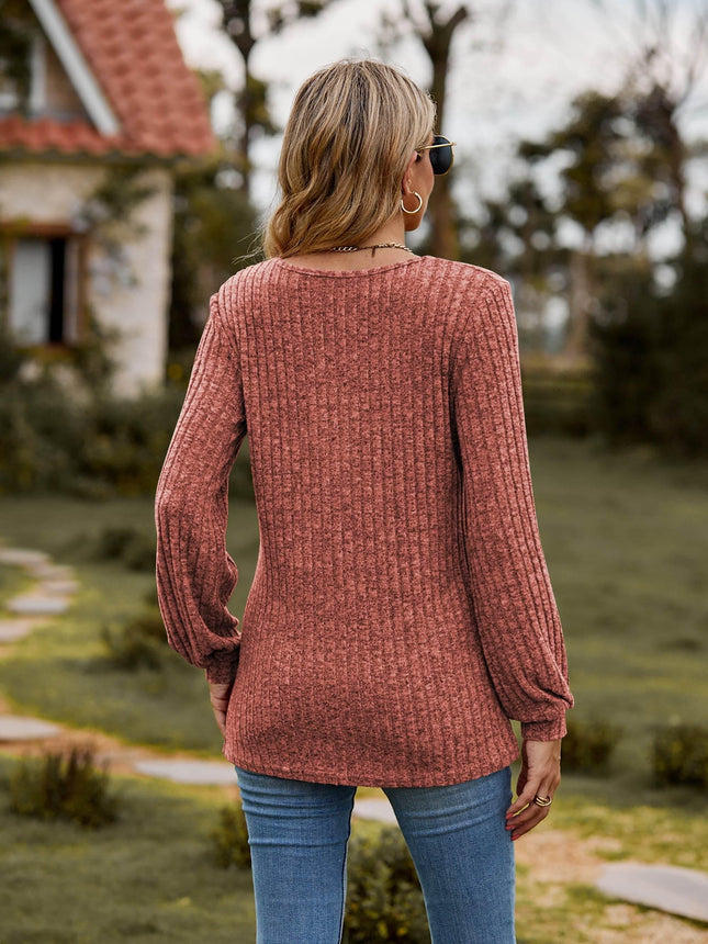 Round Neck Button-Down Long Sleeve Tee - MimiStylez