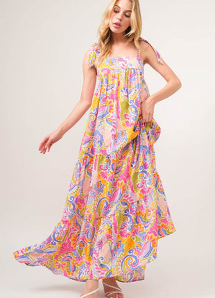 And The Why Full Size Printed Tie Shoulder Tiered Maxi Dress - MimiStylez