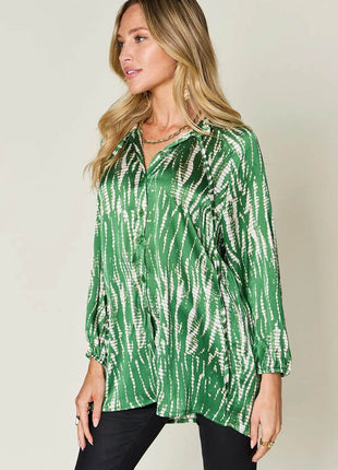 Double Take Full Size Printed Button Up Long Sleeve Shirt - MimiStylez