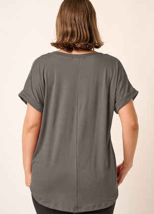 Mittoshop Full Size V-Neck Rolled Short Sleeve T-Shirt - MimiStylez