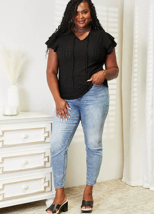 Double Take Eyelet Tie-Neck Flutter Sleeve Blouse - MimiStylez