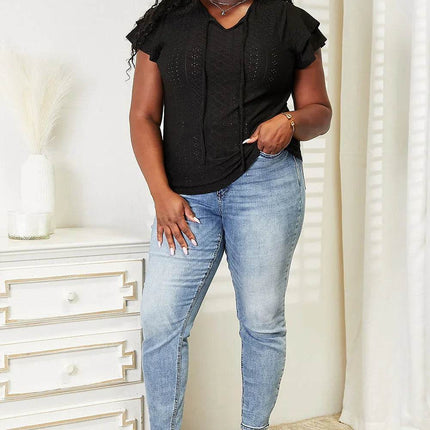 Double Take Eyelet Tie-Neck Flutter Sleeve Blouse - MimiStylez