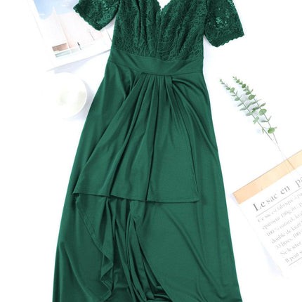 Lace Cutout V-Neck Short Sleeve Dress - MimiStylez