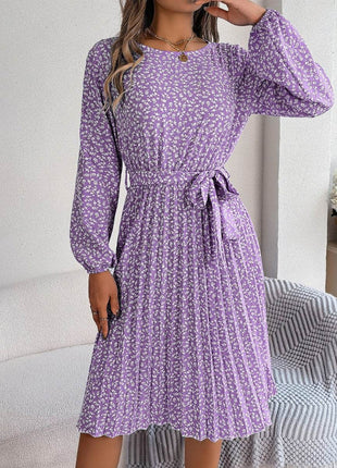 Ditsy Floral Tie Waist Pleated Dress - MimiStylez