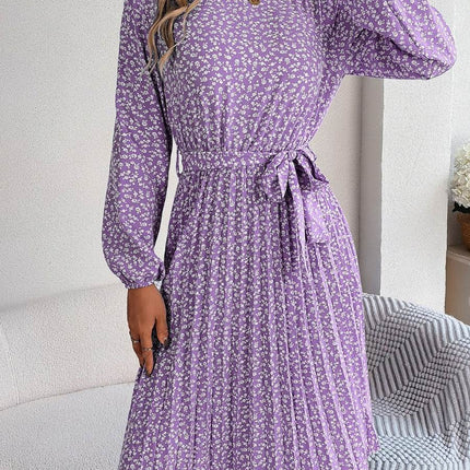 Ditsy Floral Tie Waist Pleated Dress - MimiStylez