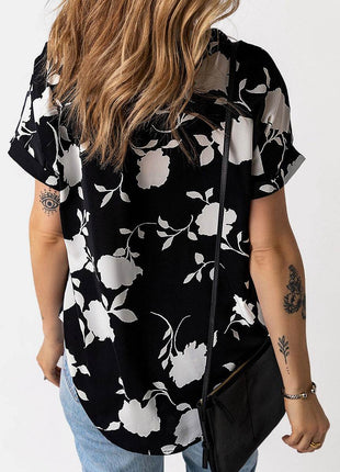 Full Size Printed Notched Short Sleeve Blouse - MimiStylez