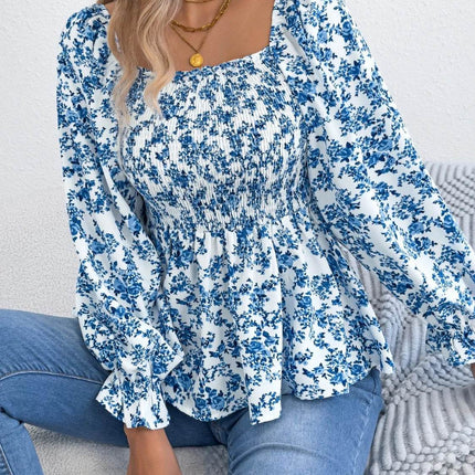 Floral Square Neck Flounce Sleeve Blouse - MimiStylez
