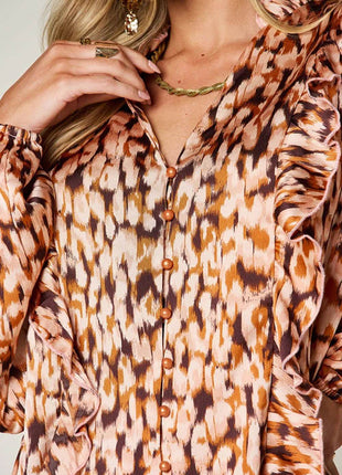 Double Take Full Size Printed Ruffle Trim Balloon Sleeve Shirt - MimiStylez