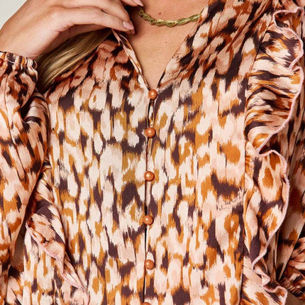 Double Take Full Size Printed Ruffle Trim Balloon Sleeve Shirt - MimiStylez