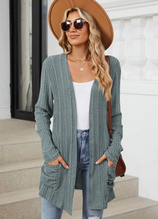 Pocketed Open Front Long Sleeve Cardigan - MimiStylez