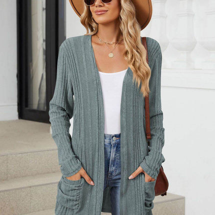Pocketed Open Front Long Sleeve Cardigan - MimiStylez