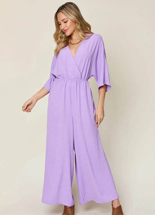 Double Take Full Size Surplice Wide Leg Jumpsuit with Pockets - MimiStylez