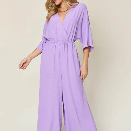 Double Take Full Size Surplice Wide Leg Jumpsuit with Pockets - MimiStylez