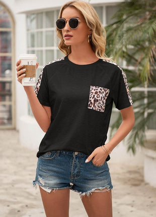 Pocketed Leopard Round Neck Short Sleeve T-Shirt - MimiStylez
