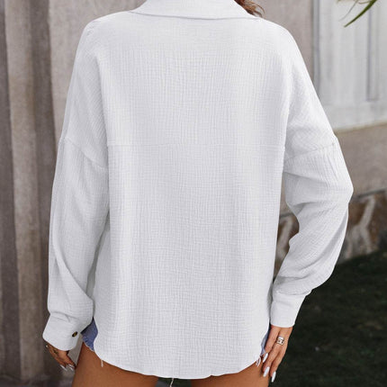 Textured Pocketed Button Up Dropped Shoulder Shirt - MimiStylez