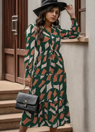 Perfee Printed Tied Pocketed Lantern Sleeve Dress - MimiStylez