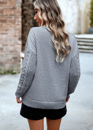 Cable-Knit Round Neck Drop Shoulder Sweater