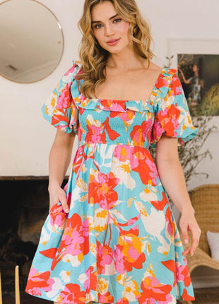 ODDI Printed Smocked Puff Sleeve Mini Dress - MimiStylez