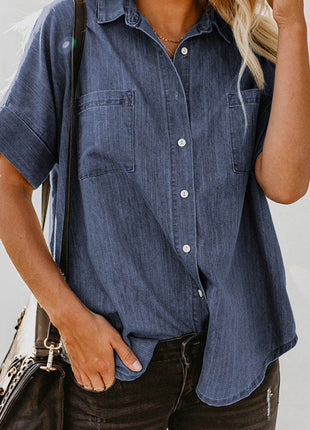 Pocketed Button Up Short Sleeve Denim Shirt - MimiStylez