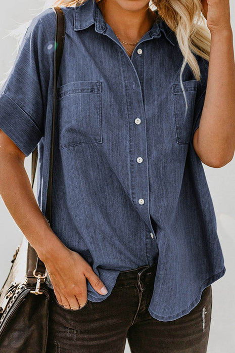 Pocketed Button Up Short Sleeve Denim Shirt - MimiStylez
