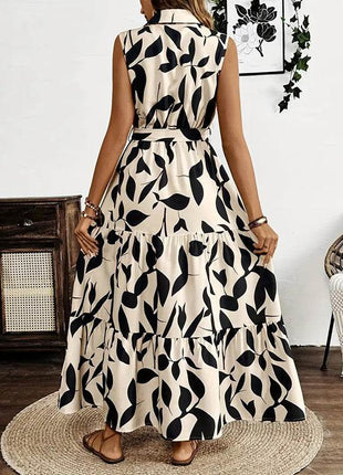 Women Sleeveless Boho Floral Maxi Dress Summer Button Shirt V Neck Flowy Belted Beach Vacation Dresses - MimiStylez
