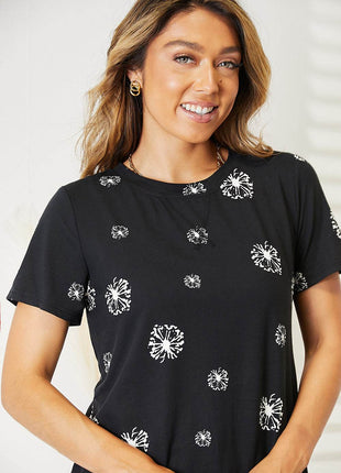 Double Take Dandelion Print Round Neck T-Shirt - MimiStylez