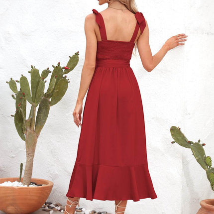 Square Neck Tie Strap Midi Dress - MimiStylez