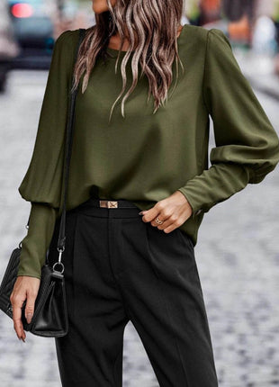 Round Neck Lantern Sleeve Blouse - MimiStylez