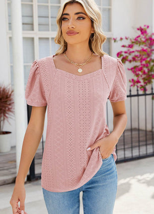Eyelet Puff Sleeve T-Shirt - MimiStylez