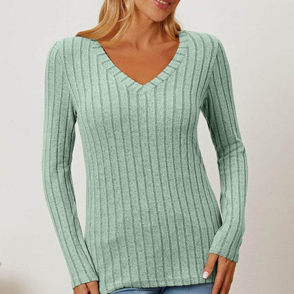Basic Bae Full Size Ribbed V-Neck Long Sleeve T-Shirt - MimiStylez