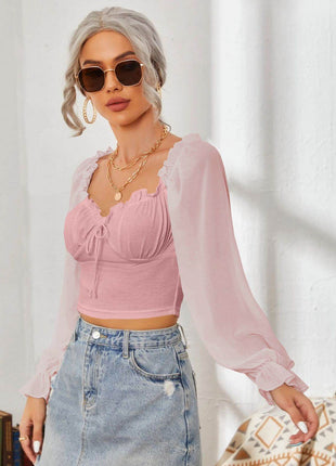 Mesh Sweetheart Neck Flounce Sleeve Top - MimiStylez