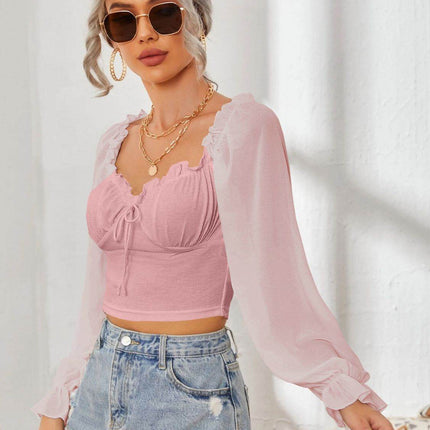 Mesh Sweetheart Neck Flounce Sleeve Top - MimiStylez