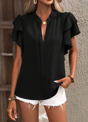Ruffled Notched Short Sleeve Blouse - MimiStylez