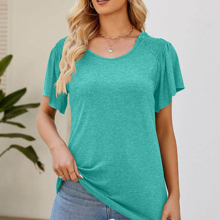 Smocked Round Neck Flutter Sleeve T-Shirt - MimiStylez
