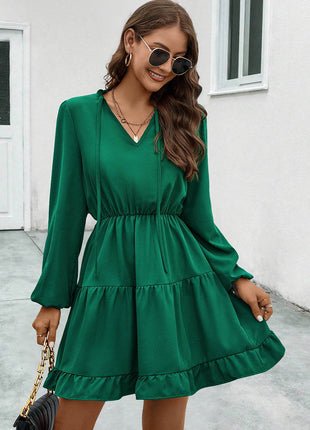 V-Neck Tie Neck Long Sleeve Dress - MimiStylez