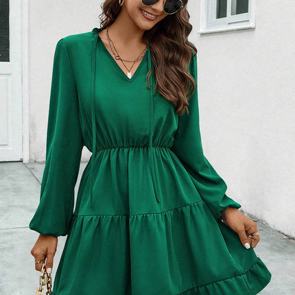 V-Neck Tie Neck Long Sleeve Dress - MimiStylez